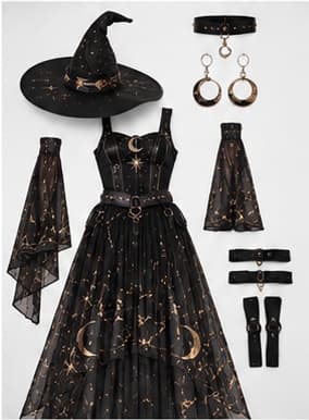 Celestial Midnight Witch Hat, Sunburst Belt, & Star Jewelry Flatlay